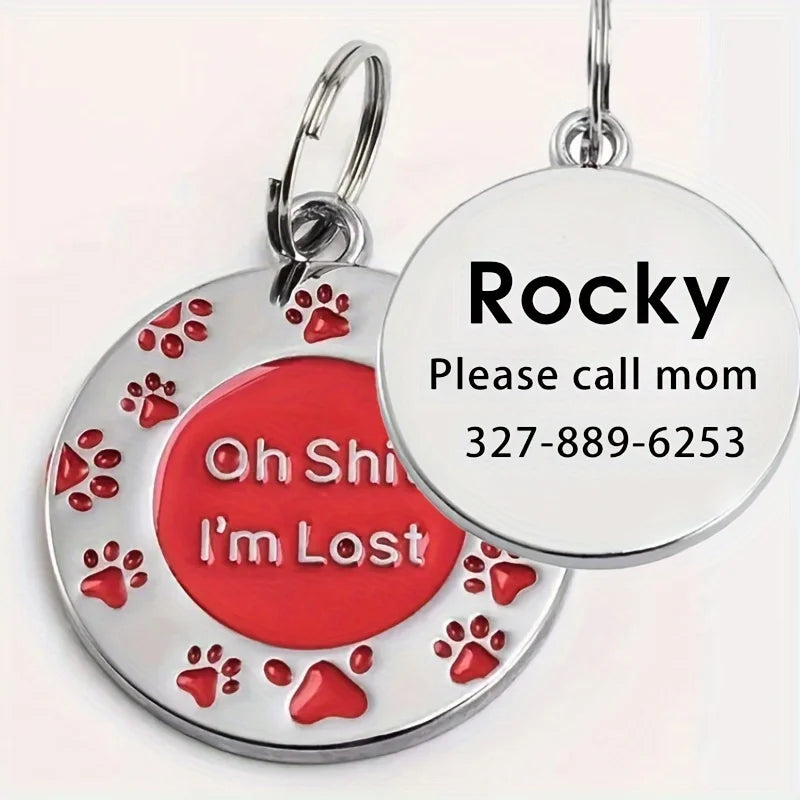🐾 Funny Dog ID Tag – “Oh Sh*t I’m Lost” Custom Engraved Pet Name & Phone Number Tag