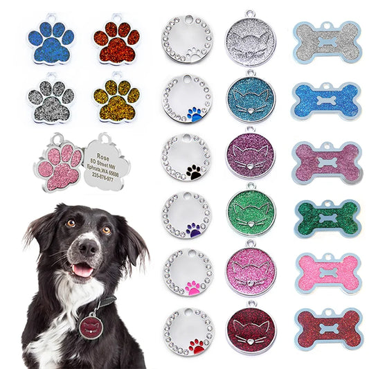 🐾 Personalized Glitter & Crystal Pet ID Tags – Custom Engraved