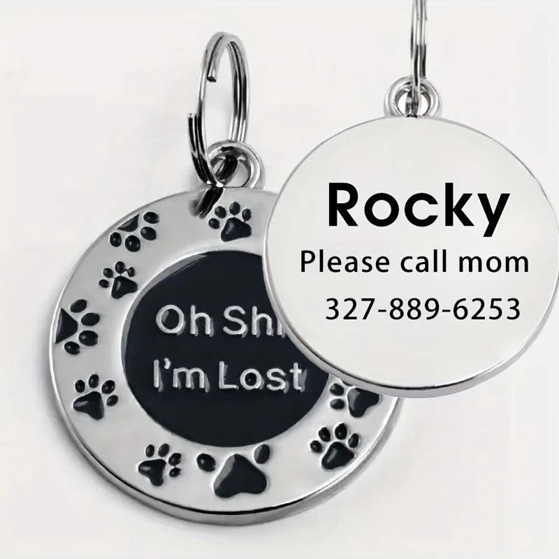 🐾 Funny Dog ID Tag – “Oh Sh*t I’m Lost” Custom Engraved Pet Name & Phone Number Tag